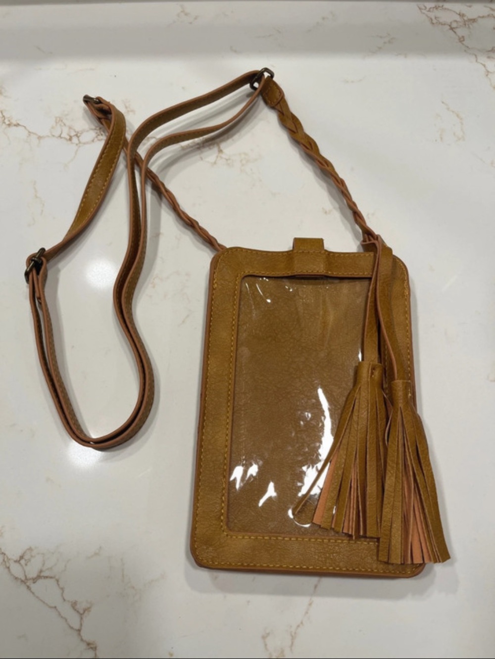 Save the Girls Clear Front Crossbody Phone Bag with Tassel - Tan